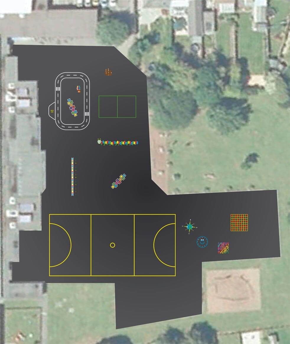 Colourful thermoplastic playground markings installed by Uniplay