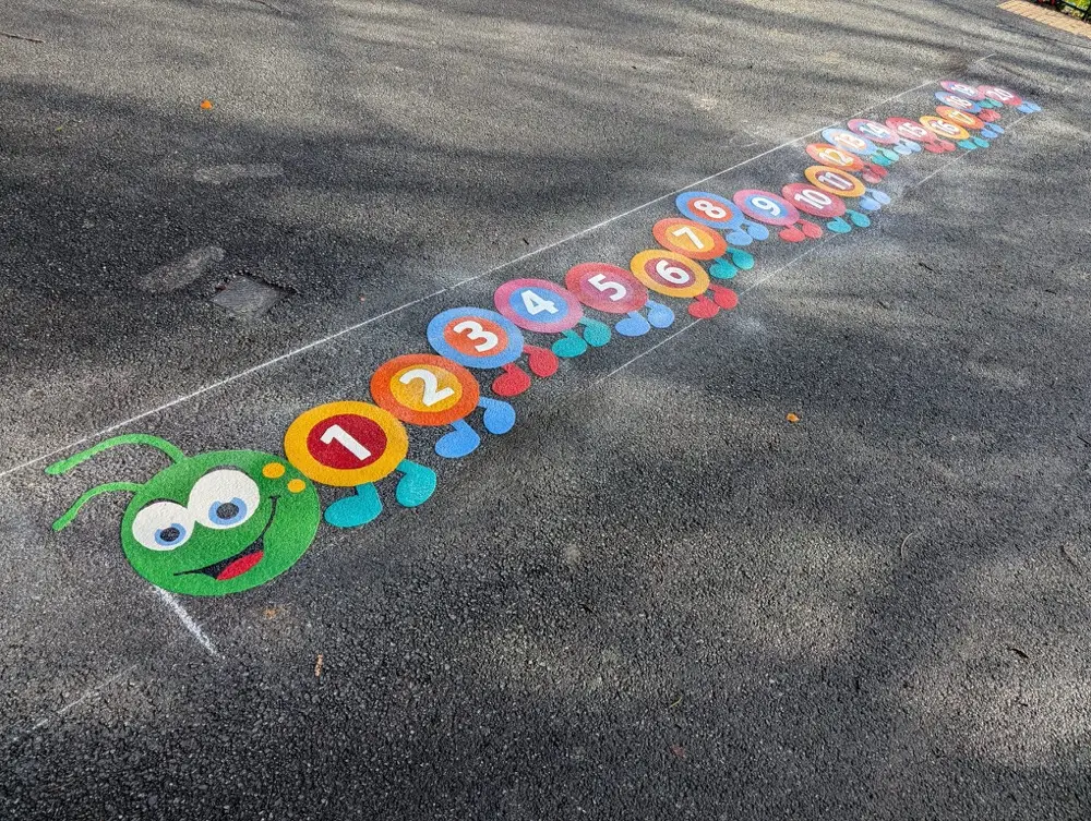 1 to 20 Caterpillar thermoplastic playground marking at a UK school