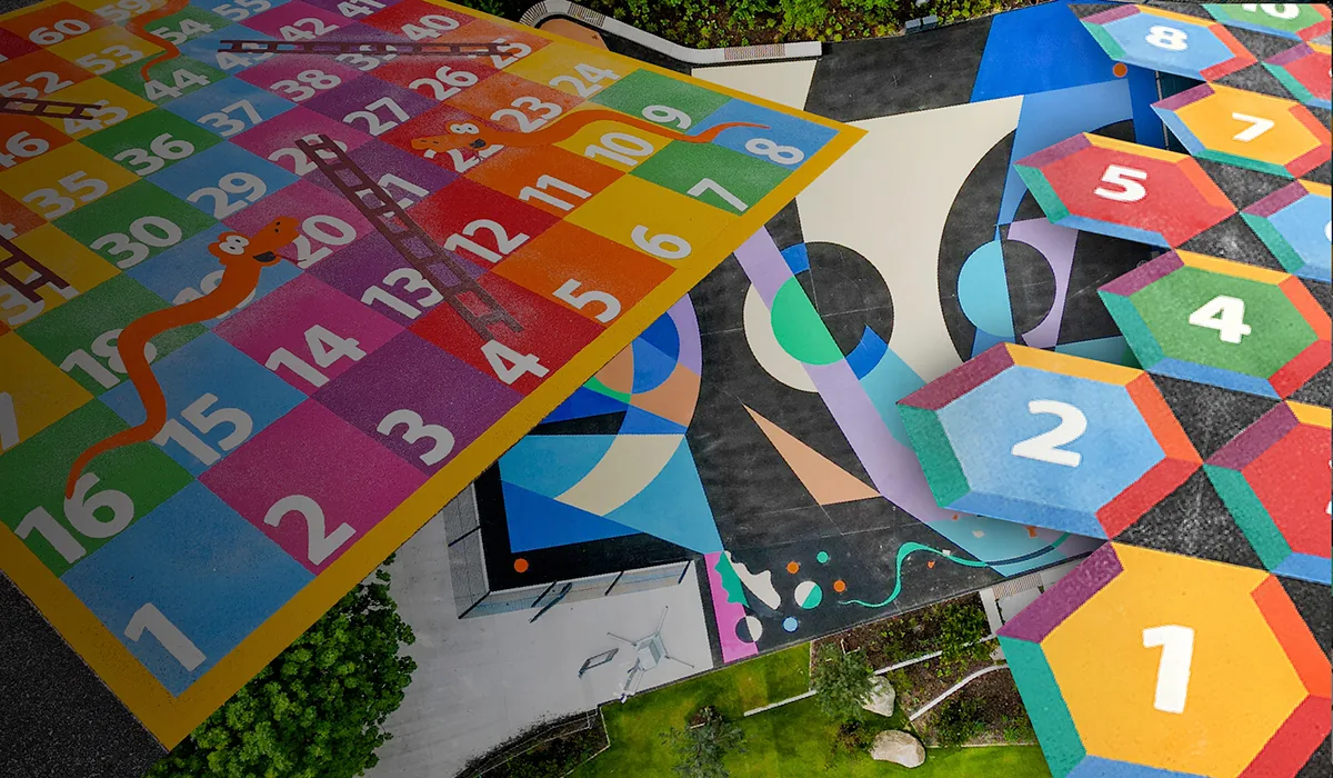 Thermoplastic 3D playground markings on a school playground