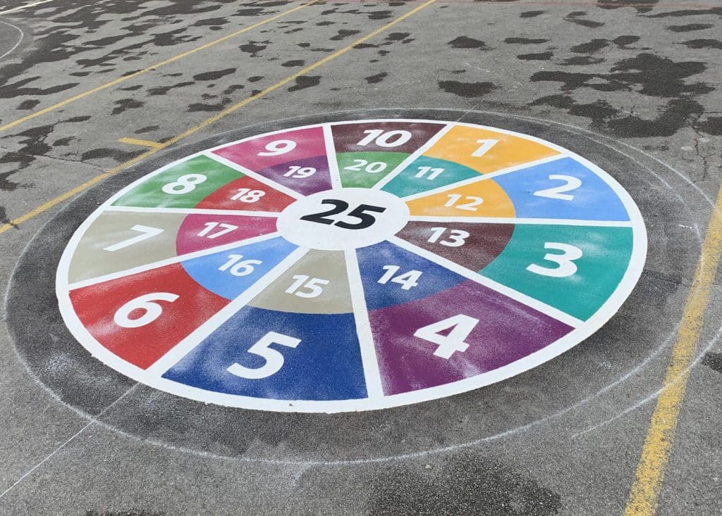 Bullseye target game markings with coloured scoring rings on a playground