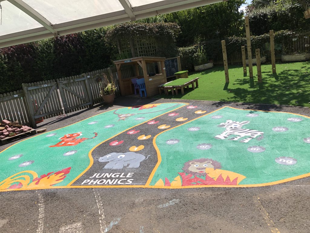 Jungle phonics themed design on a school playground by Uniplay